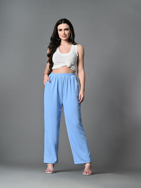 Myshka Women's Solid Ribbed High-Rise Wide Leg Casual Trousers in Blue Color