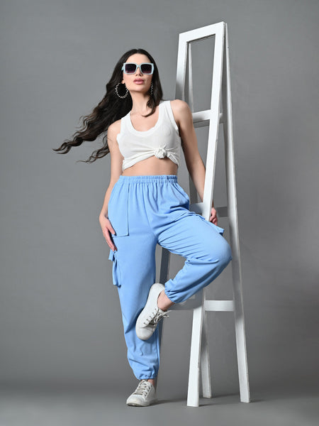 Myshka Women's Solid Ribbed High-Rise Cargo Style Casual Trousers in Blue Color