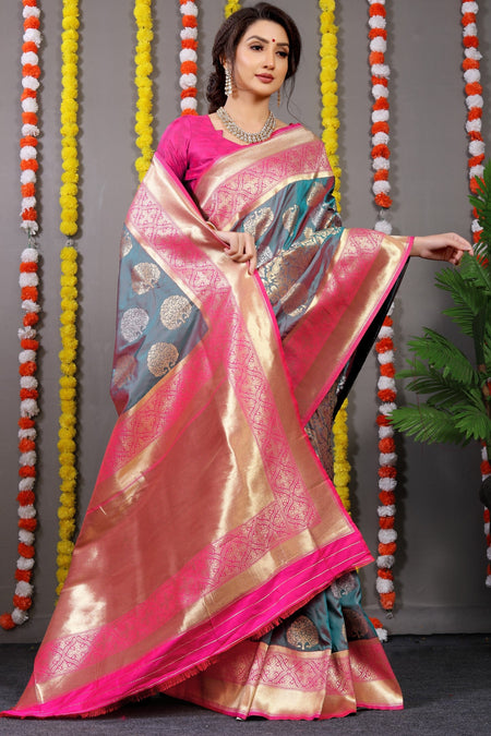 Anaita Grey Woven Design Pure Silk Banarasi Saree With Blouse