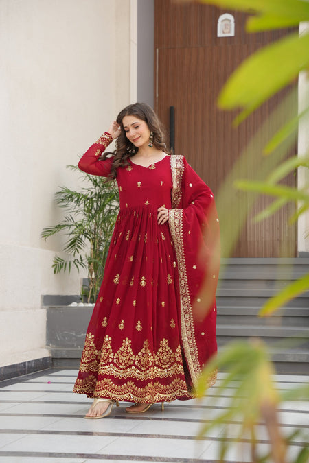 Lorenvalley Fashion Maroon Faux Georgette with Zari & Sequins Embroidered Work Anarkali Gown with Dupatta