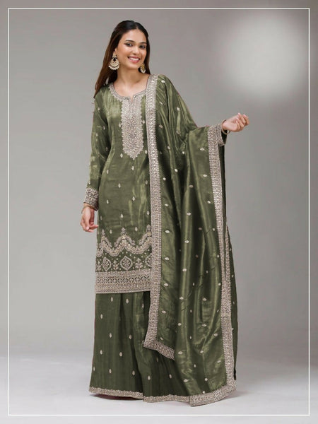 Anaita Green Gold Crush Stitched Suit with Embroidery & Sequins Work