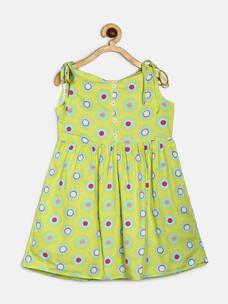 Manet Cotton String Tie Frock Printed - Green