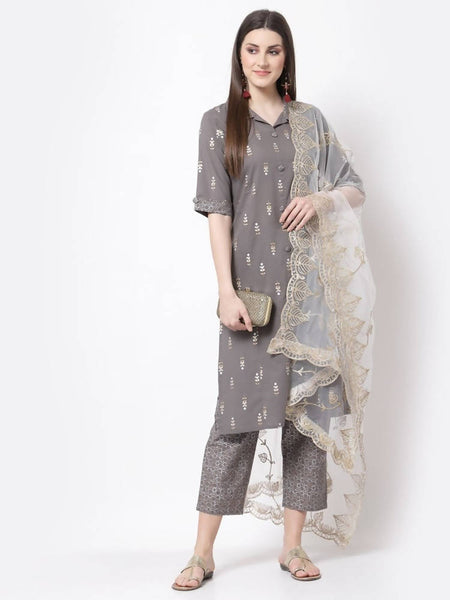 Myshka Grey Color cotton Printed Kurta With Palazzo Dupatta Set