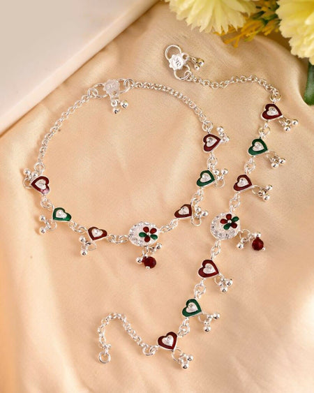 VOJ Set of 2 Stone Studded Heart Shaped Traditional Anklet