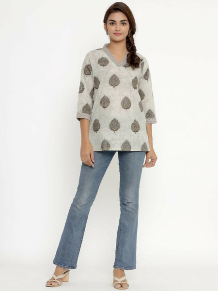 Miravan Women's Brown Floral Printed Pure Cotton Tunic