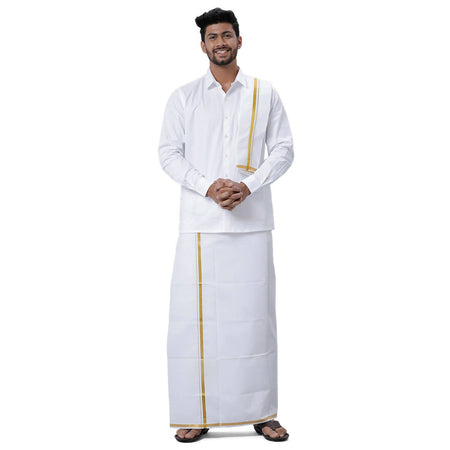 Ramraj Cotton Mens Wedding Set White Regular Dhoti, Shirt & Towel