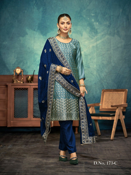 Anaita Light Teal Premium Embroidered with servos waki diamond Vichitra Silk Stitched Salwar Suit