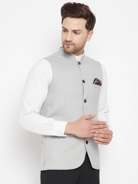 Even Apparels Grey Merino Men's Nehru Jacket-Contrast Lining-Free Pocket Square