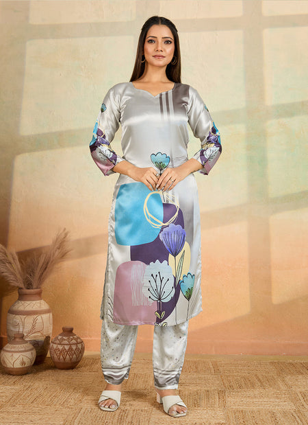 Prazu Fashion Light Grey Printed Cotton Reyon Kurta Pant Set