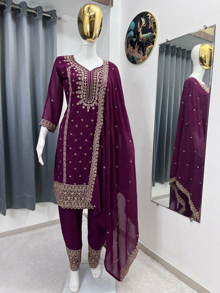 Teeya Creation Wine Color Faux Georgette Embroidery Work Party Wear Salwar Suit