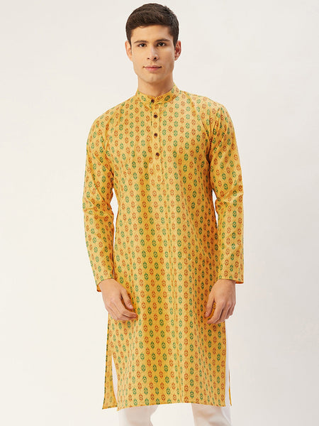 Jompers Men's Mustard Cotton Ikat printed kurta Only