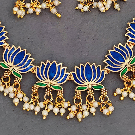 JS Fashion Traditional High Gold Necklace Set with Pink Lotus Motif and Ethnic Celebrations