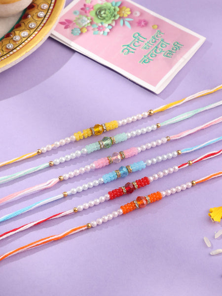 NVR Men Set of 6 Multicolor Artificial Stones & Pearls Rakhi with Roli Chawal Chandan & Mishri