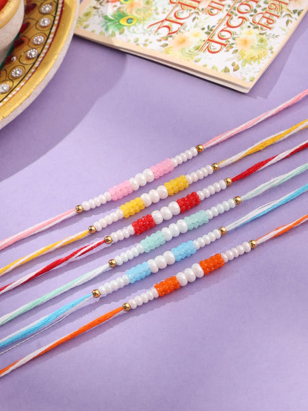 NVR Men Set of 6 Multicolor Pearls Thread Rakhi with Roli Chawal Chandan & Mishri