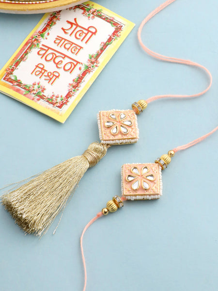 NVR Set of 2 Handmade Peach Kundan Studded Bhaiya Bhabhi Rakhi Set with Roli Chawal Chandan & Mishri