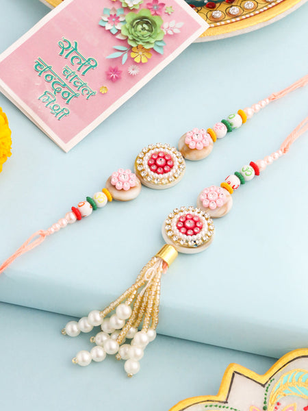NVR Set of 2 Multicolor Artificial Stones & Beads Round Floral Bhaiya Bhabhi Rakhi with Roli Chawal Chandan & Mishri