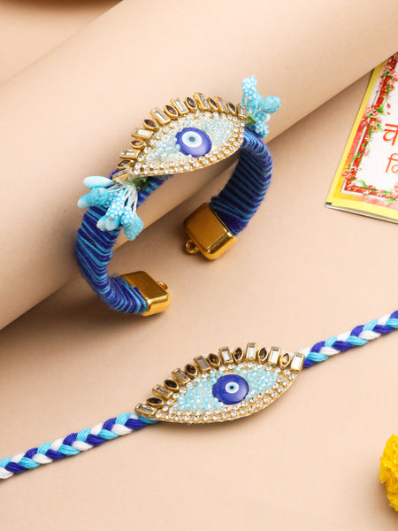 NVR Set of 2 Blue Evil Eye & Kundan Studded Handcrafted Bhaiya Bhabhi Rakhi with Roli Chawal Chandan & Mishri