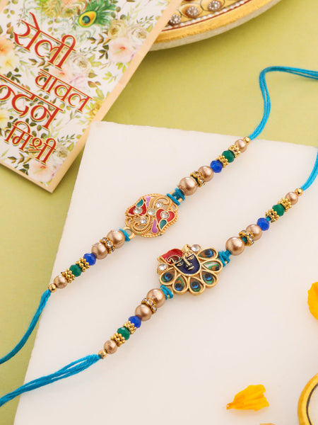 NVR Men Set of 2 Blue Artificial Stones & Beads Thread Rakhi with Roli Chawal Chandan & Mishri