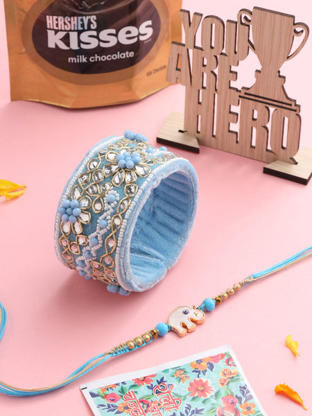 NVR Set of 2 Blue Artificial Stones & Beads Floral Bhaiya Bhabhi Rakhi Combo