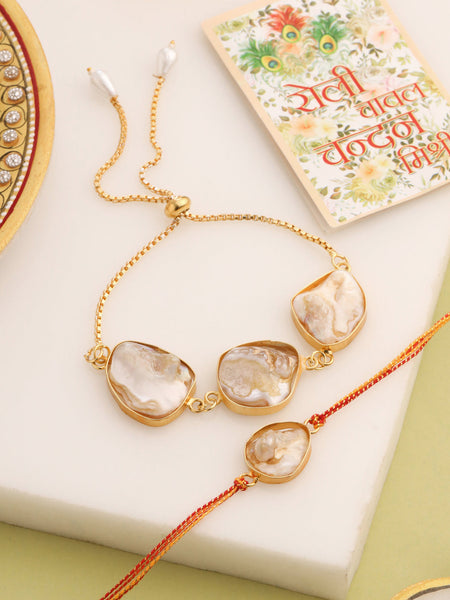 NVR Set of 2 Gold Toned Pearls Bhaiya Bhabhi Rakhi with Roli Chawal Chandan & Mishri