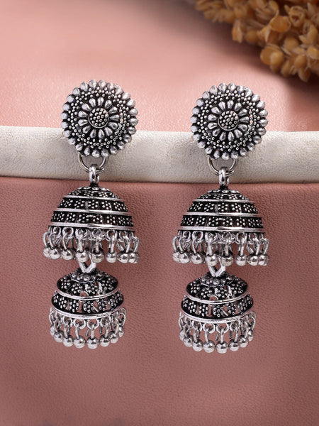 NVR Women Silver Plated Oxidized German Silver Jhumka Earrings