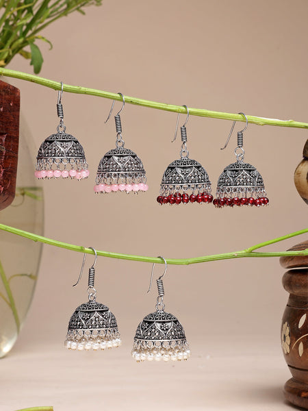 NVR Women Pair of 3 Oxidized Silver Plated Multicolor Artificial Beads Jhumka Earrings