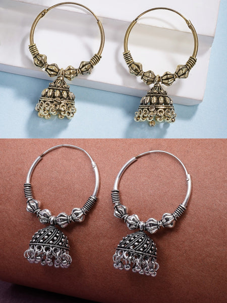 NVR Women's Traditional Set of 2 Oxidized Jhumka Earrings