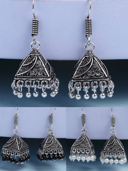 NVR Women's Set of 3 Oxidized Silver Plated Artificial Beads Jhumka Earrings