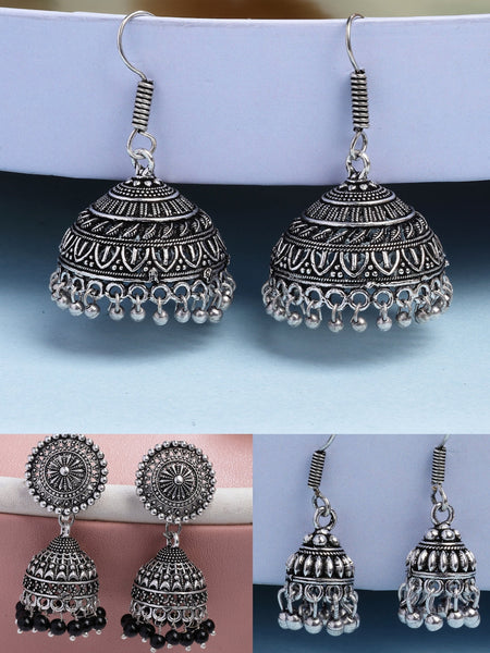 NVR Women's Set of 3 Traditional Silver Plated Oxidized Jhumka Earrings