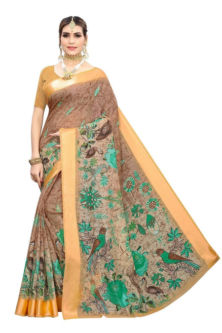 Vamika Orange and Green Linen Digital Print with Satin Border Floral Saree