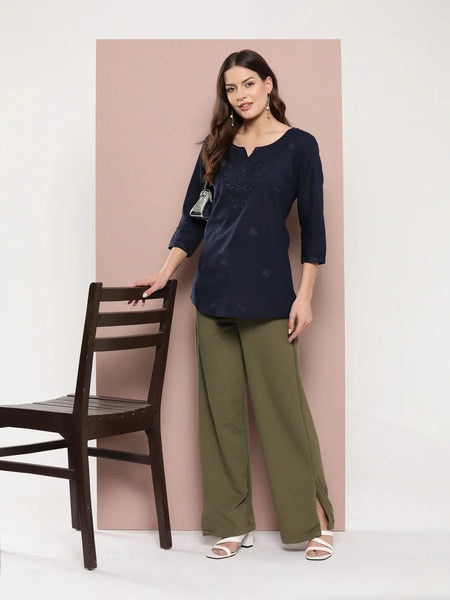 Yufta Navy Blue Floral Chikankari Embroidered Pure Cotton Top