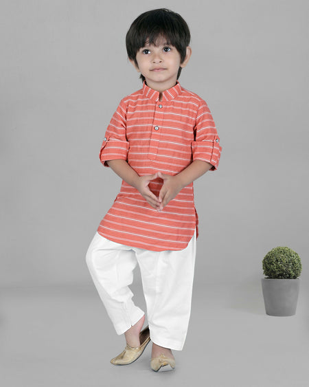 Joban Fashion Kids Island Cotton Full Sleeves Striped Kurta and Pyjama- Peach