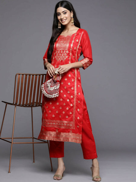 Ahalyaa Women Red Ethnic Motifs Kurta with Trousers