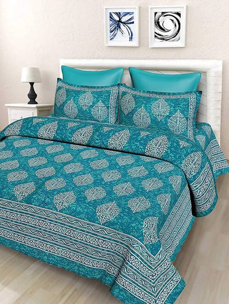 Vamika Printed Cotton Sea Green Bedsheet With Two Pillow Covers (LEOC_BATIK_SG)