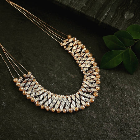 Bling Accessories 4 Rows Fine Brass Metal Chain Necklace With Hand Weaved Glass Crystal