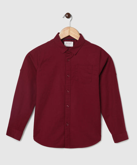 Manet Boys Mandarin Collar Full Sleeves Melange Shirt - Maroon