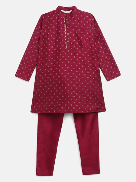 Ahalyaa Boys Wine Poly Silk Gold Printed Kids Kurta Churidar Set