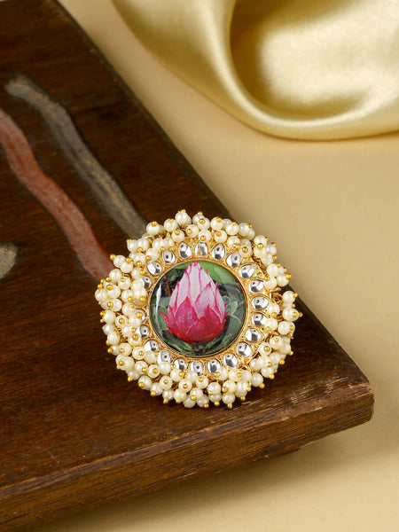 NVR Women's Traditional Ethnic Kundan Meenakari Gold-Polished Ajustable Finger Ring