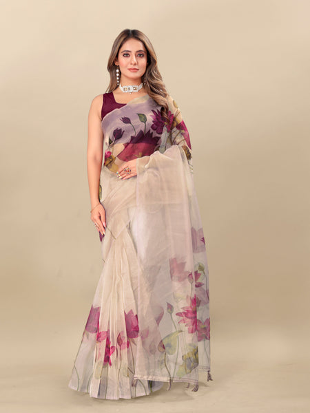 Vedant Vastram Digital Print Organza Party Wear Saree With Unstitched Blouse Piece - Purple