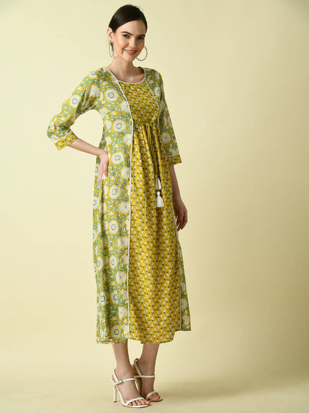 Myshka Women's Yellow Floral Printed Gown Dress