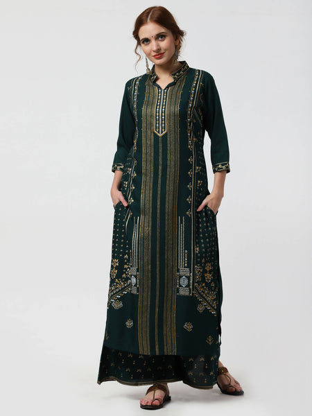 Cheera Embellished Daily Wear Cotton Blend Kurta With Palazoo - Bottle Green