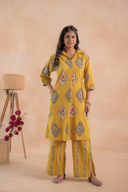 Juniper Mustard Heritage Print Kurta And Pant Set