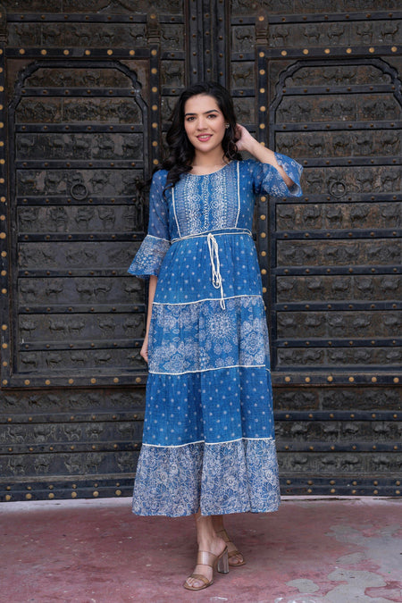 Juniper Blue Floral Printed Cotton Dress with Dori, Cotton Lace & Bead Work