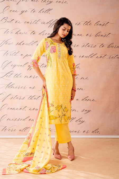 Juniper Yellow Floral Printed Kurta Pant And Dupatta Set