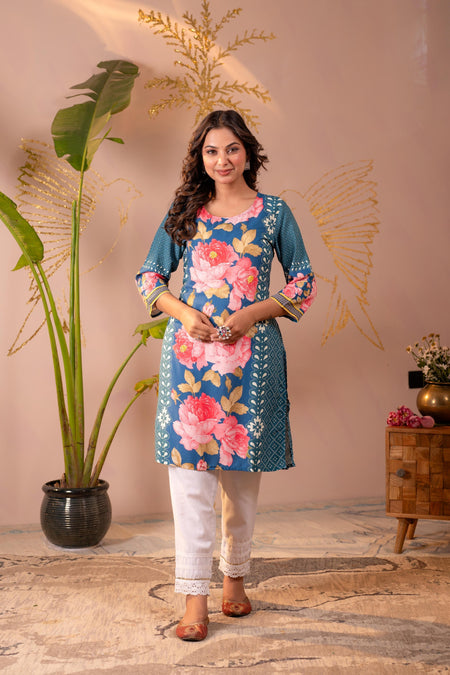 Juniper Blue Floral Printed Straight Kurta