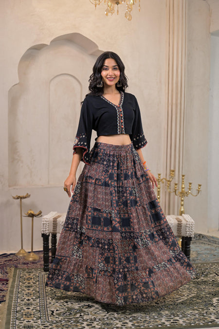 Juniper Black Mirror Work Crop Top With Printed Flared Skirt Set