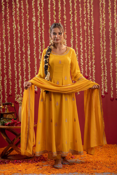 Juniper Mustard Magic Anarkali Kurta Pant And Dupatta Set