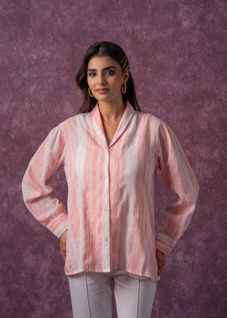 Juniper Lamora Peach & White Vertical Striped Relaxed-Fit Button-Down Shirt