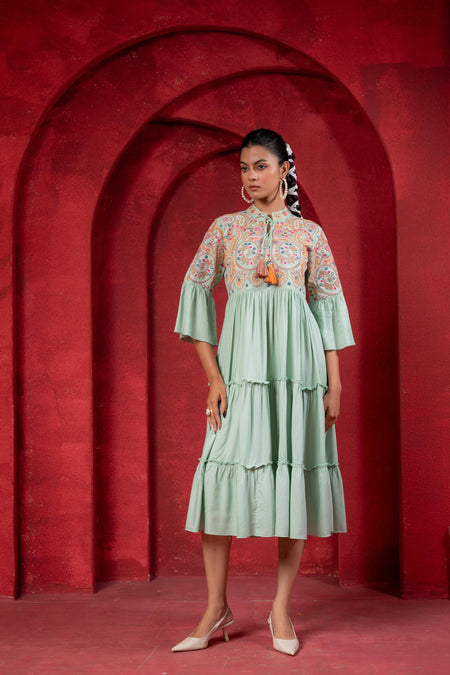 Juniper Sage Green Tiered Dress With Multicolor Embroidered Yoke And Tassel Tie-Up