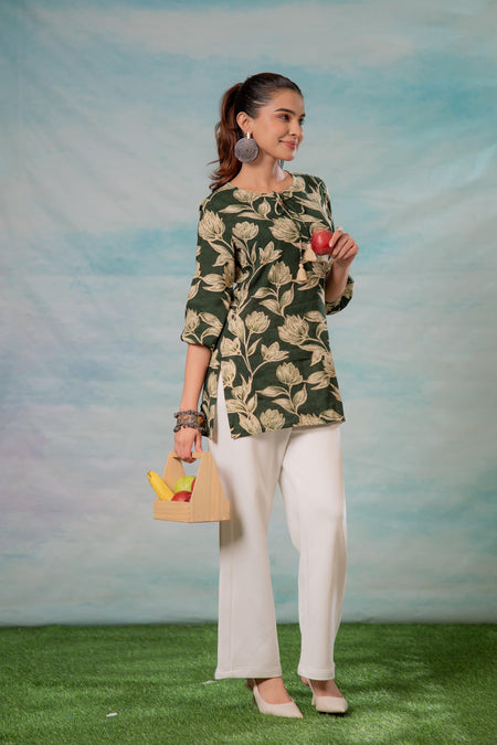 Juniper Green Floral Printed Viscose Tunic